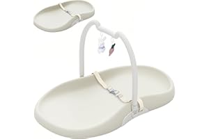 UBRAVOO Baby Changing Mat with Safety Harness and Cat Ear Toys Shelf, Anti-Roll Wedge Baby Changing Pad, Easy Wipe Clean Waterproof with Raised Padded Edges (Beige, Upgrade Style)