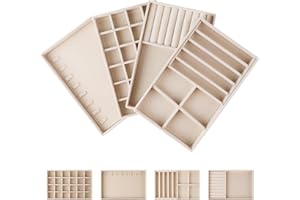 EXLECO 4-częściowy zestaw dużych tac na biżuterię, aksamitne przechowywanie biżuterii, organizer, szufladka, szkatułka na biżuterię, zastępuje tacę dla kobiet i dziewcząt, pierścionki, kolczyki,