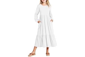 Arshiner Girls Dress Lantern Sleeve Casual Round Neck Long Dresses Kids A-Line Swing Dress Festive Party Dresses for Children with Pocket 6-14 Years