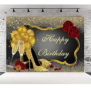 10x7ft Glitter Golden and Black Birthday Photography Backdrop Red Rose Floral Champagnes Glass Balloons Party Background for Adult Women Happy Birthday Party Decorations Photo Booth Props