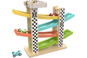 Top Bright Wooden Race Track Car Ramp Racer for 1 2 Year Old Boys Girls Gifts Presents, Toddler Toys with 4 Mini Cars