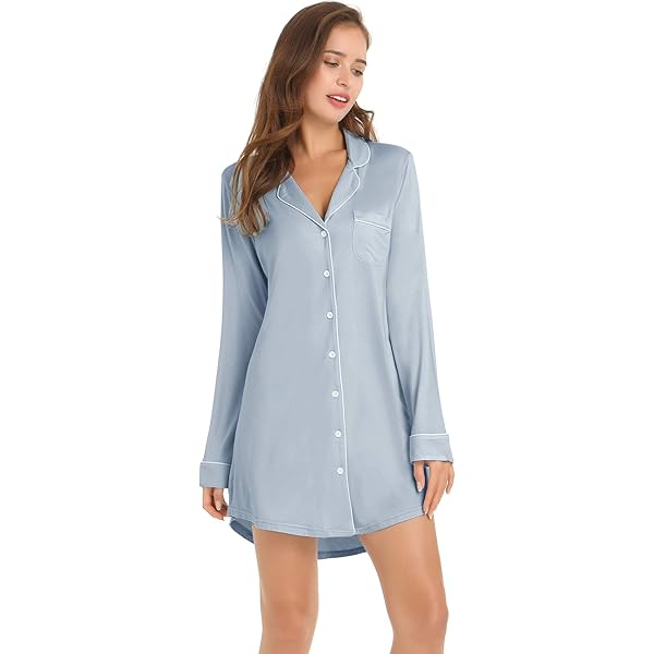 Joyaria Camicia da notte da donna, in cotone, a maniche lunghe, morbida, lunghezza completa, con bottoni, lunga da notte, con tasche, Blu, xxl