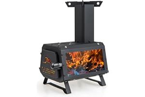 GYMAX Estufa de Leña, Estufa Portátil para Camping con 2 Posiciones de Cocción， 3 Ventilaciones de Aire, Ventana Visual Grande, para Cocinar y Calentar al Aire Libre