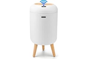 sapisecret Papelera Automática 10L con Sensor para Baño, Blanca - Cubo Basura Inteligente con Diseño Redondo Elegante, Patas de Madera y Apertura Sin Contacto para Salón, Dormitorio u Oficina (10L)