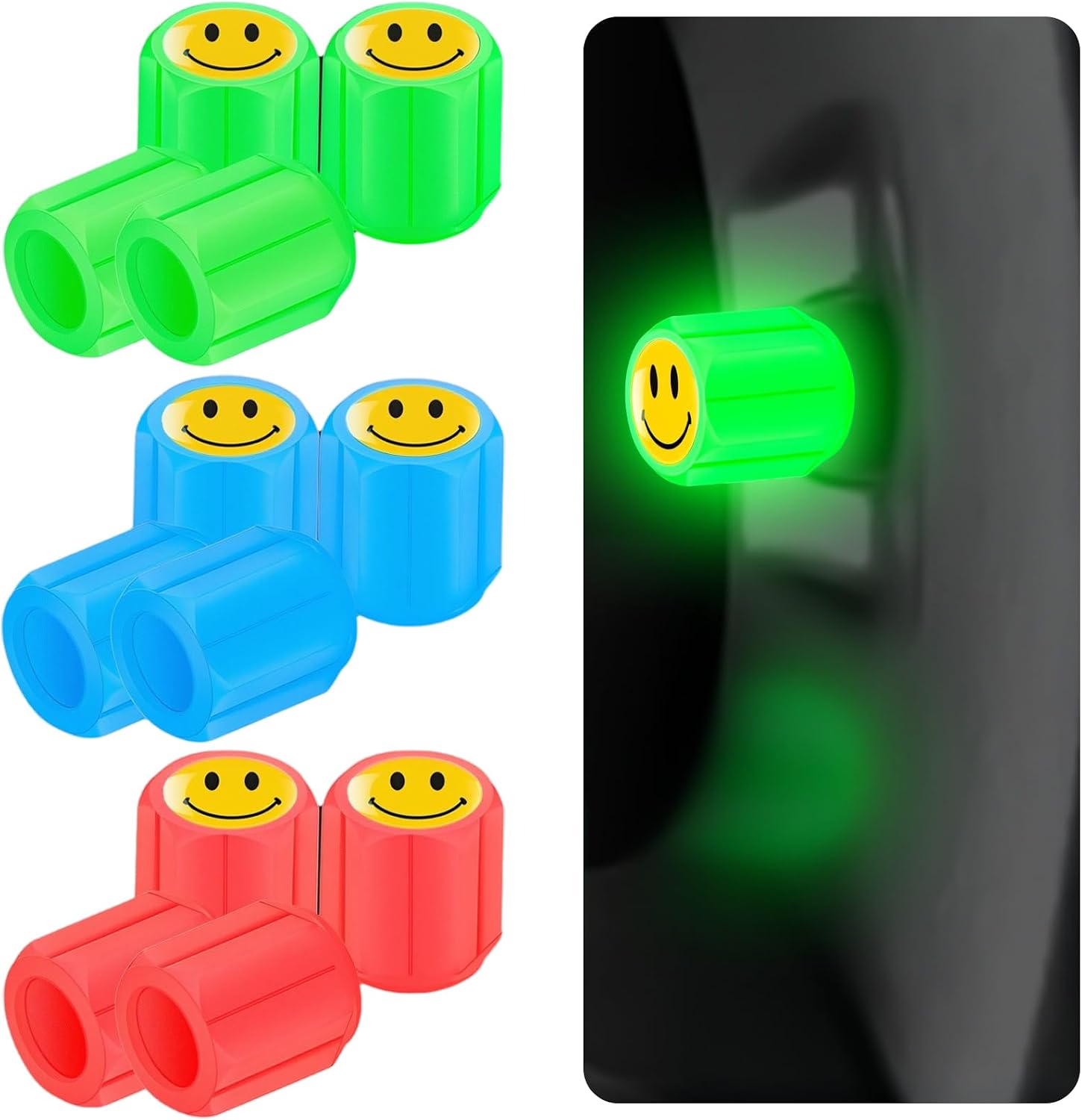 BAUCH Tapones de válvula luminosos, Juego de 12, diseño smiley, fluorescentes y resistentes a la intemperie – universales para coche, bicicleta, moto, material ABS, doble sellado