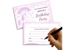GHKJOK 20 Unicorn Rainbow Birthday Invitations for Kids – Magical Party Cards for Birthday Girl – Colourful 300gsm Silk Write-On Design – Ideal for Girls’ Party Celebrations