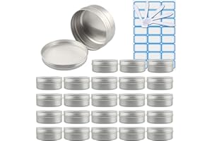 ZEOABSY 100 Pièces 150ml Pots en Aluminium Vide Rond Argent Petit Cosmétiques Pot Conteneurs for Fait Main Bougies Crème Baume Voyage, 10x Spatule, 4X Étiquettes