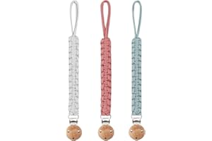 IOSPKKIO® 3 Stück Schnullerkette Baumwolle Schnullerband, Holzclip, handgewebtes, Handgewebtes, modernes Design in 3 Farben - Sichere und stilvolle Baby-Accessoires