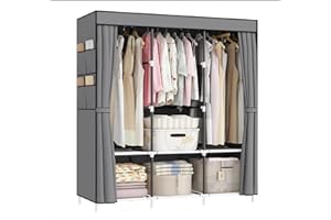 OPPAIYA Canvas Wardrobe, 125 x 45 x 165 cm, Versatile Fabric Wardrobes with 3 Storage areas & 3 Hanging Rai 8 Side Bags, Temporary wardrobe, Great Portable wardrobes for bedroom - Gray