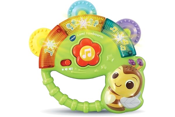 VTech - Lumi Tambourin, Instrument de Musique Bébé, Hochet Tambourin Interactif, Jeu de Motricité Fine, Jouet d'Éveil Musical, Cadeau Bébé Dès 3 Mois - Contenu en Français