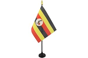 AZ FLAG - Uganda Table Flag 4'' x 6'' - Ugandan Mini Desk Flag 100% Polyester 15 x 10 cm - Office Mini Banner with 10'' Pole - Golden Spear