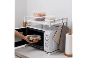 LANTUS Supporto estensibile in metallo, Rastrelliera per Forno a microonde, ripiano espandibile e Regolabile in Altezza,Organizer da Cucina a 2 Livelli (42 cm (40-65 cm) - bianco)