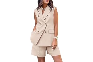 NUSGEAR Couleur Unie Blazer Gilet à sans Manches et Short 2 Pièces Ensemble de Costume Ete Femmes Blazer et Short 2 Pièces Eté sans Manches Veste Longue de Costume Gilet Manteau Ensemble avec Poches