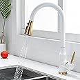 Kitchen Taps with Pull Out Spray Kitchen Mixer Tap Stainless Steel 2 Modes Swivel Hot and Cold Water Kitchen Sink Tap-White+Gold