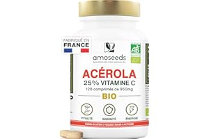 Acérola BIO, 25% Vitamine C Naturelle | 120 comprimés de 950mg à croquer | Anti-fatigue, Stress oxydatif, Immunité | Qualité Supérieure