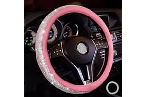 Lifetooler Funda Volante Coche con Diamantes de Imitación Brillantes de Cristal, Cubre Volante Coche de Brillante Bling Rhinestone,Antideslizante Universal 38 cm para Mujeres (Rosa y Blanco)