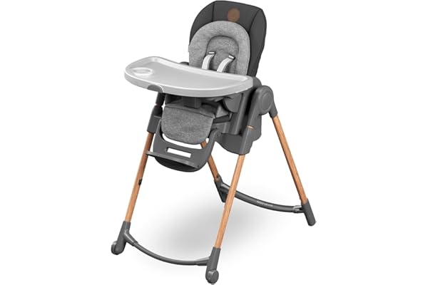 Maxi-Cosi Minla Chaise Haute Bébé Evolutive, 0 - 14 ans, 60 kg max, Chaise Haute Bébé, 9 Hauteurs Réglables, 5 Différentes Inclinaisons, 4 Positions de Plateau, Pliage compact, Essential Graphite