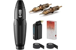 HAWINK Maszyna do tatuażu z bezprzewodowym zasilaczem sieciowym do tatuażu, 20-częściowy, czarny wkład z igłami do tatuażu, EM136P199RCAY20-1