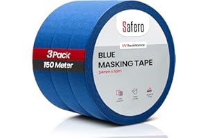 SAFERO Pack of 3 Blue Masking Tape for Painting 24mm X 50 Meter | UV Resistance Painter Tape used by Master Painters, Car Painters and artists | Strong Sticky Sharp Edge Tape for Decorating & DIY