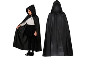 Swiftctrl Mantello per Halloween con cappuccio – mantello nero per bambini e adulti, mantello in raso 90/120/150 cm, costume da vampiro strega cosplay per carnevale, feste, travestimento unisex (S(1