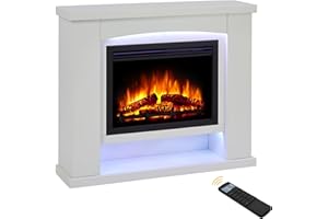 ENDEAVOUR FIRES AND FIREPLACES Endeavour Fires Ebberston 39'' Electric Fireplace Suite and Realistic Flame & Log Effect Fire, 13 Colour LED Lighting Remote Control In an Off White Fireplace Surround with Plinth
