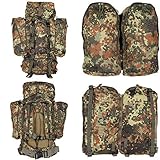 Capacity: 110L. One main compartment with an option to separate bottom compartment. Detachable lid with internal and external zip pockets, snow collar with drawstring, and buckles. Two zip-detachable side pockets with two-way zip opening