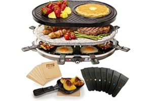 M4Y Electric Raclette Luxury Stone Grill Plus Extra Non-Stick Crepe Top Attachment + A Set of 8 Wooden Coasters, 8 Colour Coded Fondue Cheese Non stick Pans and 8 X Spatulas, 1200W Thermostat Control