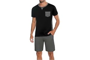 Marvmys Pijamas Hombre Verano Corto Algodón Colores Contrastantes Manga Cortas Tops Pijama Pantalones Corto con Bolsillo S-3XL