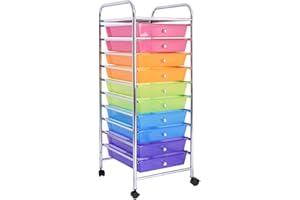 COSTWAY Carrito Auxiliar con Ruedas, Estantería Baño con 10 Cajones Extraíbles, Carrito Baño de Almacenamiento con Marco de Metal, Carro Cocina con Cajones Apilable para Oficina, Multicolor