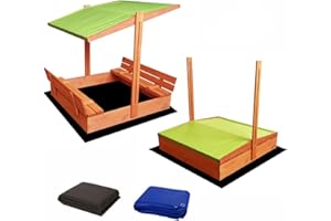 Ladanas® bac à Sable Enfant en Bois fermé de 120 x 120 cm avec bancs-bac a Sable avec Couvercle- Bois de pin imprégné -bac à Sable avec Toit surbaissé -1 bâche de Protection 1 bâche Isolante- Vert