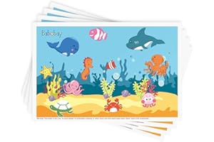 BABEBAY Disposable Stick-on Placemats 40 Pack for Baby & Kids, Toddler Placemats in Reusable Pouch 12" x 18" (Blue Ocean Life)
