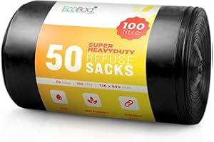 EcoBag - 50 Pack Heavy Duty Bin Bags - 100L - 35 Microns - Recyclable,Leak Resistant Seal, Eco-Friendly Rubbish Bag, Sustainable Refuse Sack for Home, Office & Kitchen (736 x 990 mm)Packaging May Vary