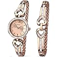 Sekonda Womens 26mm Classic Analogue Rose Gold Stone Set Bezel Watch with Heart Shaped Bracelet Gift Set