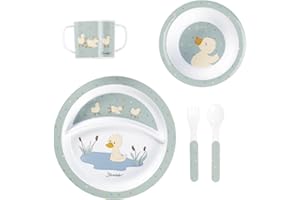 Sterntaler Zestaw naczyń z kaczką, Edda Lou, 5-częściowy zestaw dla chłopców i dziewczynek, składający się z kubka z uchwytem, talerza, miseczki do kaczki, z antypoślizgowym spodem, łyżką i widelcem