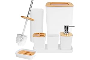 TOOSII 7 Pieces Bathroom Accessories Set, Luxury Plastic Bathroom Accessories Set Bamboo Cover, Bathroom Bin and Toilet Brush Set with Soap Dispenser, Toothbrush Cup, Toothbrush Holder, Soap Dish, Tra