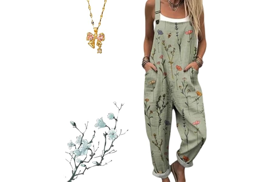Liocwocne 2026 New Wide Leg Jumpsuits for Women, Comfortable Printed Overalls, Adjustable Straps with Pockets, Casual Loose, Creates A Harmonious And Slimming Visual Effect