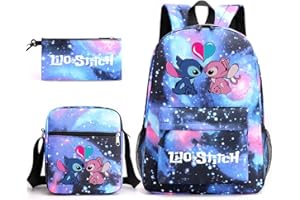 TEMOLIE Stitch plecak 3 szt. dla dzieci piórnik, torby na ramię młodzieżowa kreskówka szkoła torba na książki modna praktyczna torba odpowiednia dla nastolatków i studentów, Niebieski 2, rozmiar uniwersalny