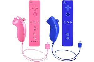 AUFGLO Wii Remote Controller and Nunchuck Controllers compatible with Wii/Wii U, including silicone case and wrist strap(pink+blue)