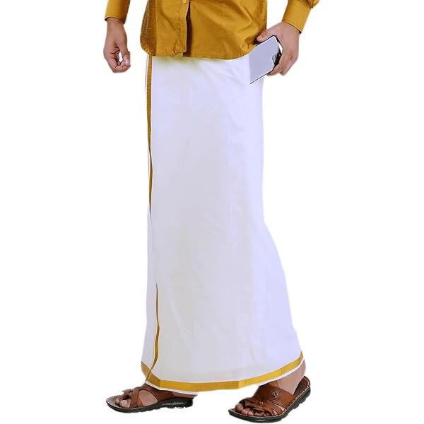 Prakasam Men's Yellow Jari Cotton Flexi Size Dhoti With Welcro Pocket - Temple & Casual Wear - View #13