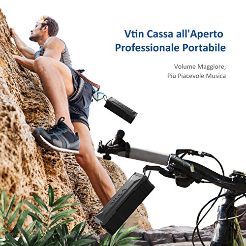 Altoparlante Bluetooth 20W, VTIN Cassa Bluetooth 4.0 Portatile IPX4 Impermeabile, Crashproof, Speaker Senza Fili con Incorporato Microfono e Doppia Cassa, Tempo di Riproduzione di 25 Ore, Raggio di Connessione Bluettoth di 10 Metri, Ingresso Aux-in, per iPhone Smartphone Android e Tablet PC, Nero