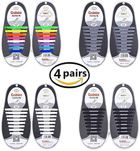 4 Pair No Tie Elastic Silicone Rubber Shoelace&amp;Lazy shoelaces for Adult Kids and Athletes (Adult(Black+White+Gray+Mix-color))