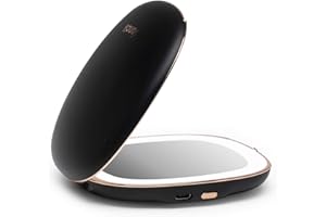 ‎FANCII Fancii wiederaufladbar Taschenspiegel mit Dimmbares LED Licht, 1X / 10X Vergrößerung - Make Up Spiegel Klein Kosmetikspiegel Beleuchtet für Unterwegs (Schwarz)