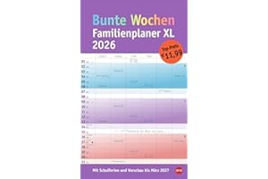 Bunte Wochen Familienplaner XL 2026: Familienkalender mit 6 Spalten. Praktischer Familien-Wandkalender mit Schulferien. Extra breiter Terminkalender. (Familienplaner Heye)