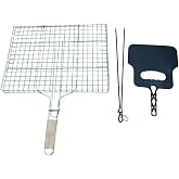 Mobilreyon Barbecue Accessory Set 3 Pieces, Wire Grating with Wooden Handle 30X40Cm - Ember Tongs - Fan