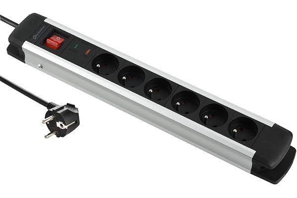 Electraline 35436 Alu-Line Bloc Multiprise 6 Prises avec Corps en Aluminium et Protection Contre Les surtensions, 2M, Noir