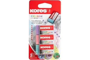 KORES - Gommes en caoutchouc PVC pastel - KE-30 - Format de poche - Avec pochette en papier - 40 x 21 x 10 mm - Fournitures scolaires, rentrée scolaire, fournitures de bureau - Lot de 3 couleurs