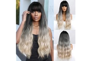LEMEIZ Ombre Ash Blonde Wigs with Fringe, Dark to Blonde Synthetic Curly Afro Wig with Bangs, Glueless Wigs for Women, Long Wig 22 inch LEMEIZ-139