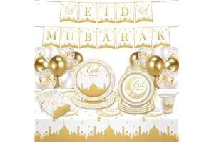 BOX And Tree| Eid Mubarak Vaisselle Jetable Décoration – 52 pieces – 10x Grande Assiette, 10 Moyen Assiette, 10 Serviette,10 Gobelet, 10 Decoration Ballon ,1 Banderole , (Vaisselle)