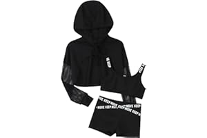 Manyakai Kids Girls 3Pcs Street Dance Outfit Athletic Tracksuit Crop Top Sweatshirt with Booty Shorts Set