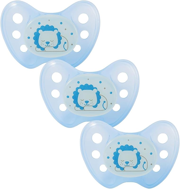 dentistar Night Silikon Schnuller 3er-Set - Größe 1 Schnuller 0-6 Monate - Glow in the Dark Nuckel mit Dentalstufe – BPA-frei – Made in Germany - Löwe, Blau